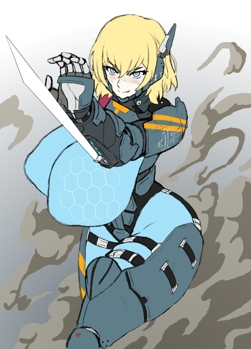 1girls ass big_breasts blonde_hair blue_eyes breasts covered_nipples cyborg female_focus gavianart huge_ass huge_breasts looking_at_viewer nipples short_hair solo suvi_the_cyborgess thick_thighs weapon wide_hips