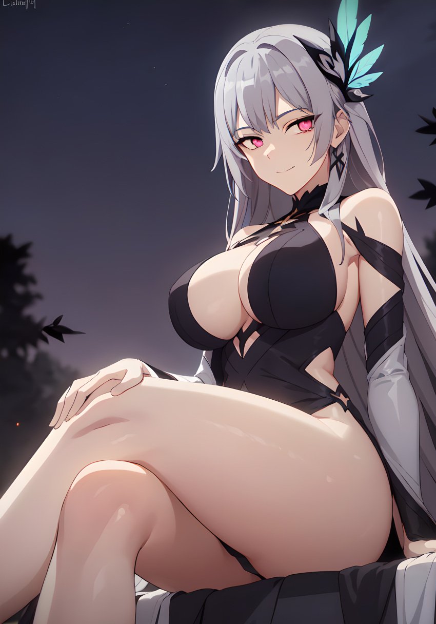 ai_generated ass big_ass big_breasts breasts embarrassed female female_only genshin_impact large_breasts looking_at_viewer pink_eyes simple_background skirk_(genshin_impact) subaruarm thick_thighs thighs white_hair white_skin