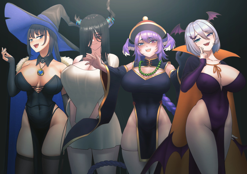 4girls big_breasts big_thighs black_hair cipher4109 costume elira_pendora female_only ghost_costume halloween halloween_costume hololive hololive_english hololive_english_-advent- hololive_english_-council- hololive_english_-promise- horn horns jiangshi_costume multiple_girls nerissa_ravencroft nijisanji nijisanji_en ouro_kronii purple_hair selen_tatsuki side_slit succubus succubus_wings vampire_costume vampire_girl virtual_youtuber white_hair witch witch_costume witch_hat