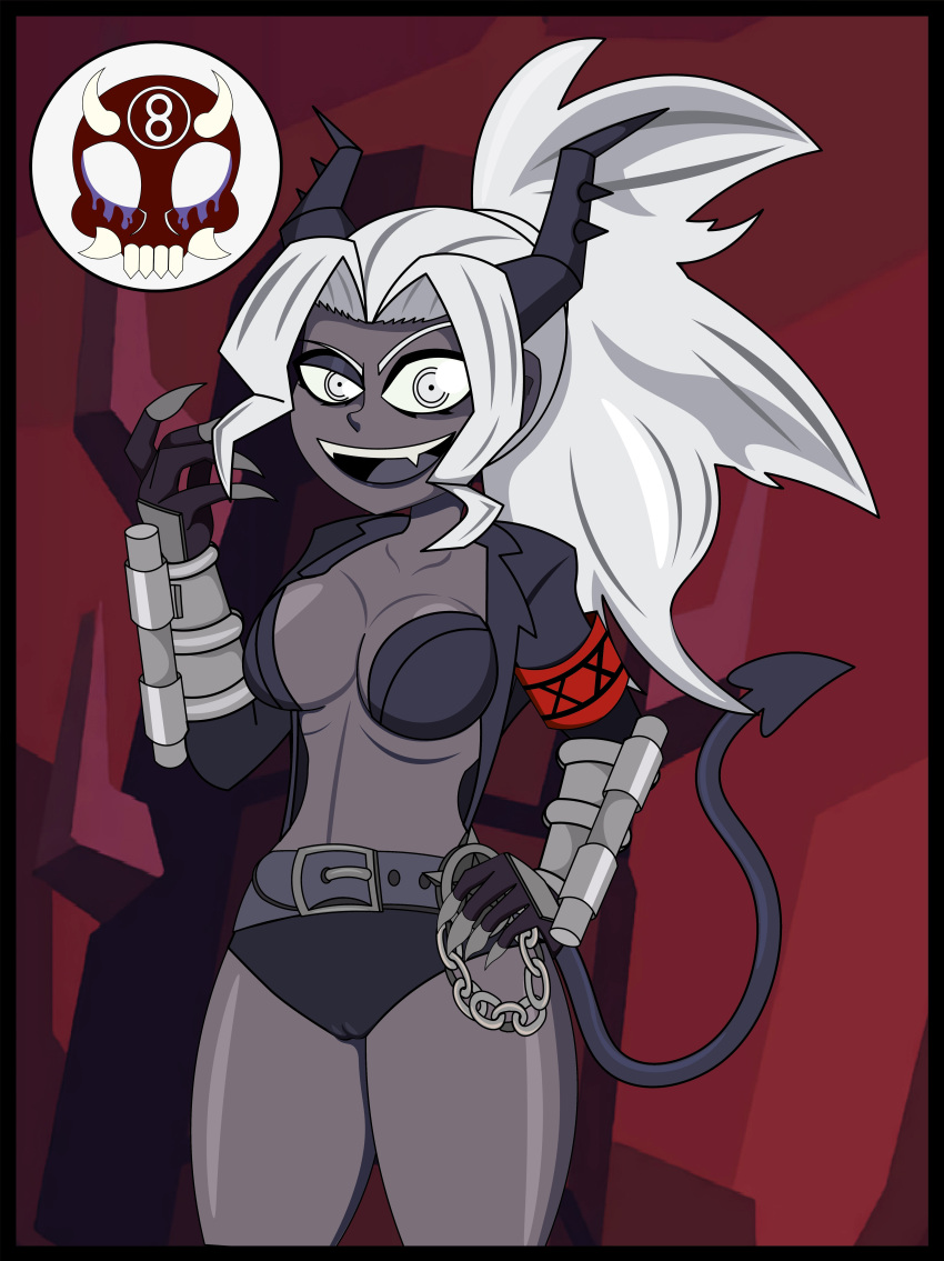 8ball9615 cameltoe crazy_eyes crazy_smile dark-skinned_female demon_girl demon_horns demon_tail fangs helltaker jacket judgement_(helltaker) long_ponytail medium_breasts metal_gloves shorts white_eyes white_hair