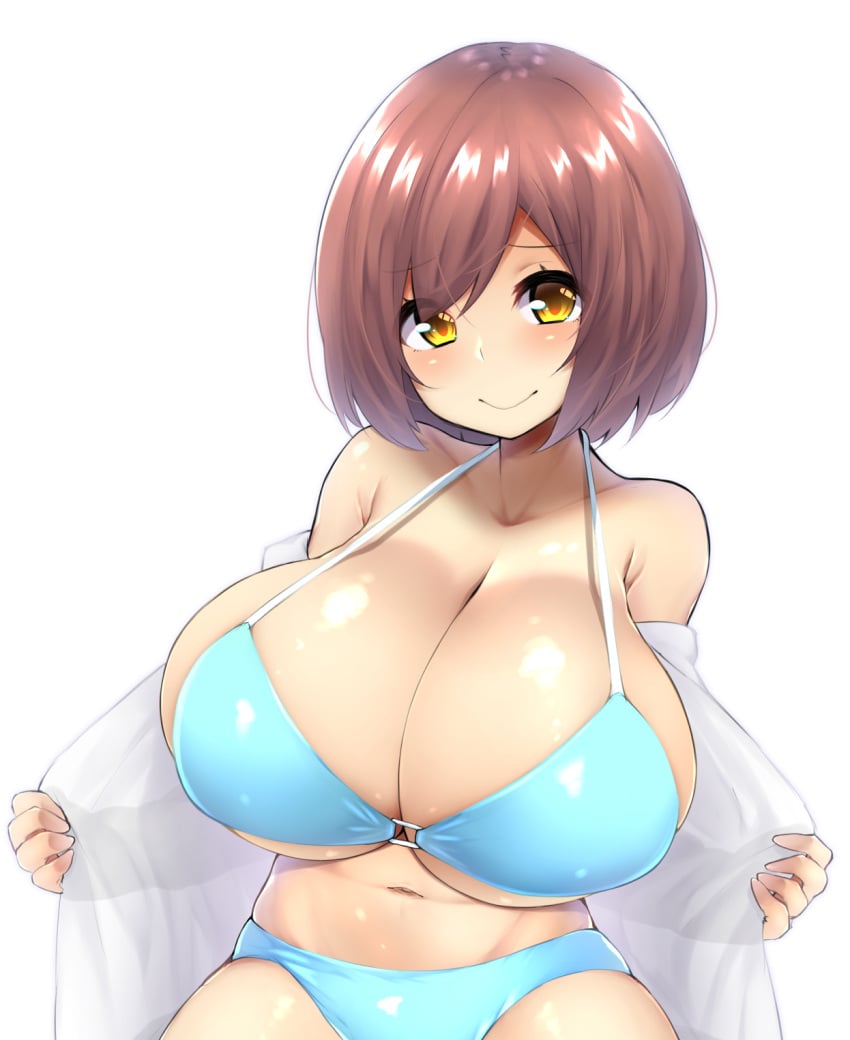 big_breasts blue_bra blue_panties brown_hair hand_on_clothing smile stomach watari1118 white_clothing yellow_eyes