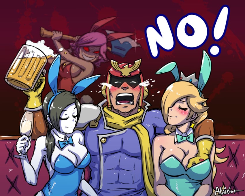 1boy 3girls akairiot alcohol animal_crossing animal_crossing_girl animal_ears axe beer beer_mug blonde_hair blue_eyes bow bowtie breasts captain_falcon champagne_flute cleavage closed_eyes coloured_skin couch crown cup detached_collar drinking_glass drunk earrings f-zero fake_animal_ears glowing glowing_eyes grey_hair groping hair_over_shoulder helmet holding holding_cup jewelry large_breasts long_hair mario_(series) mug multiple_girls nintendo no pink_hair playboy_bunny princess_rosalina rabbit_ears red_background red_eyes scarf sitting star_(symbol) star_earrings straight super_mario_galaxy super_smash_bros. villager_(animal_crossing) weapon white_skin wii_fit wii_fit_trainer wii_fit_trainer_(female) yandere you_gonna_get_raped