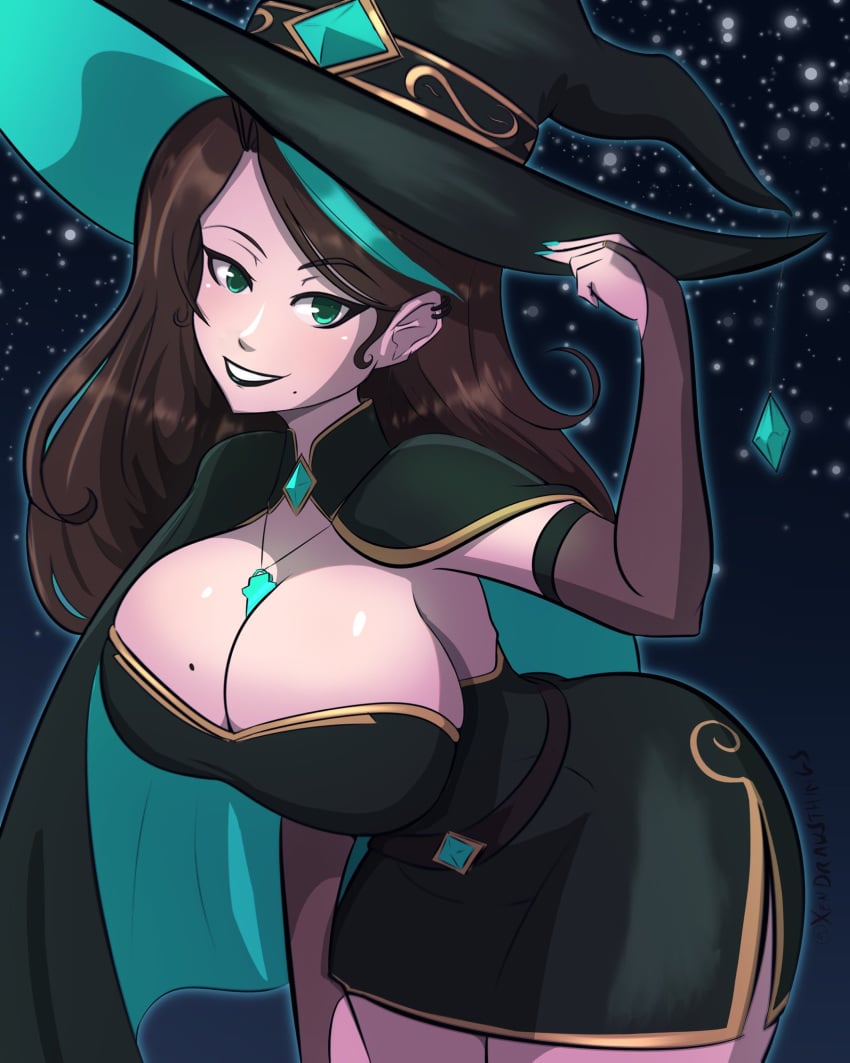 big_breasts brown_hair green_eyes lipstick mole_on_breast tagme witch witch_hat xendrawsseggs xendrawsthings xennie_(xendrawsthings)