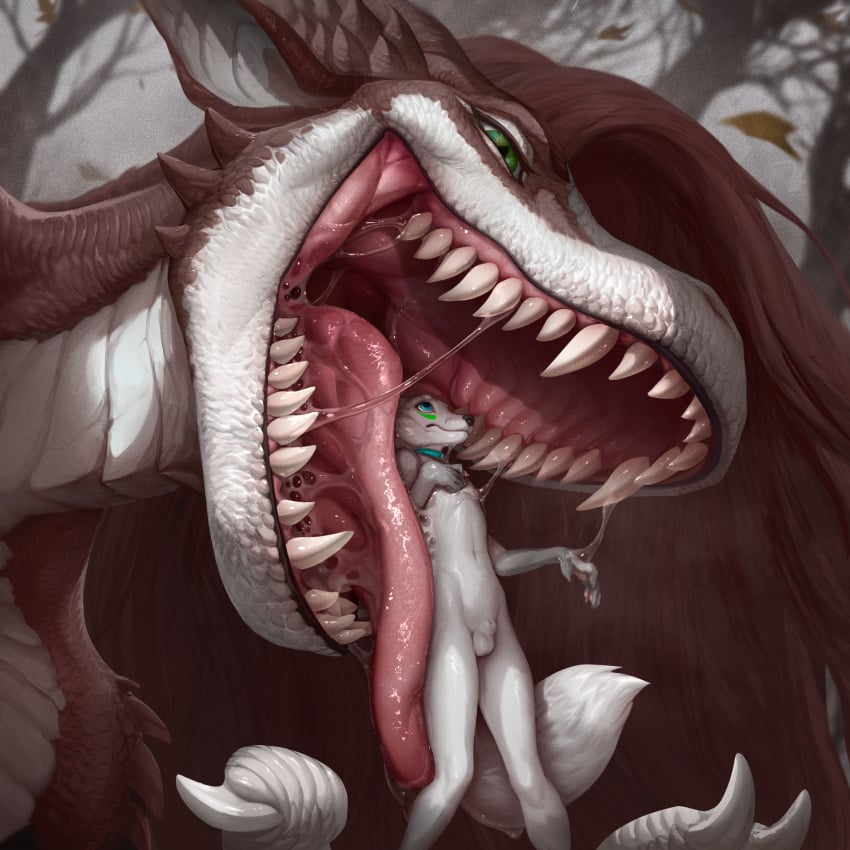 abbie_(heckineatcha) animal_genitalia anthro balls bodily_fluids brown_hair canid canine canis captain_(folfad) character_in_hand covered_in_saliva detailed_mouth digital_media_(artwork) digital_painting_(artwork) dragon drooling extreme_size_difference facial_spikes female female_pred forest fox genitals hair hi_res holding_character hybrid imminent_oral_vore imminent_vore in_hand jaw_spikes larger_anthro larger_female licking male male_prey mammal micro navel nude oral_vore plant poisewritik pupils saliva scalie sharp_teeth sheath size_difference slim_male slit_pupils smaller_anthro smaller_male spikes spikes_(anatomy) teeth tongue tongue_out tree vore white_body wolf