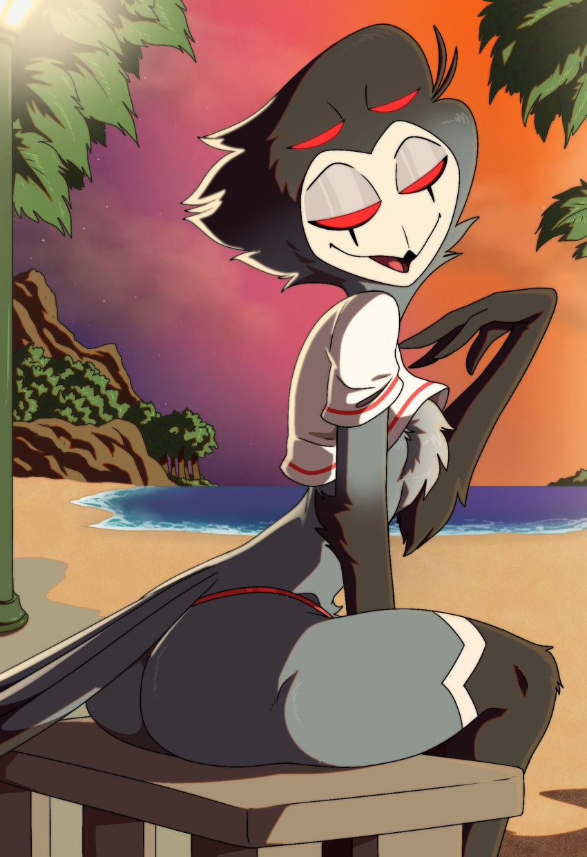 anthro ass avian beach big_ass big_butt bird butt clothing crop_top demon femboy foot_ninja15 girly helluva_boss hi_res looking_at_viewer male owl owl_demon red_eyes round_ass round_butt seaside shirt solo stolas_(helluva_boss) swimsuit tagme tail thong topwear