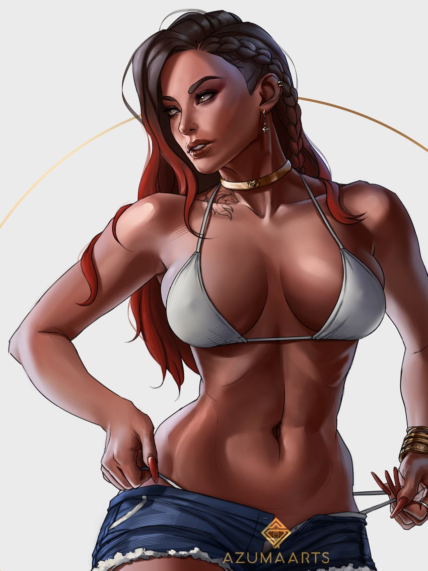 1girls apex_legends ass azuma_yasuo azumaarts big_ass booty_shorts braided_hair braided_twintails dark-skinned_female dark_skin loba_(apex_legends) medium_breasts pulling_thong realistic respawn_entertainment short_shorts shorts swimsuit tanline tanlines tattoo thick_thighs thong thong_above_shorts thong_straps