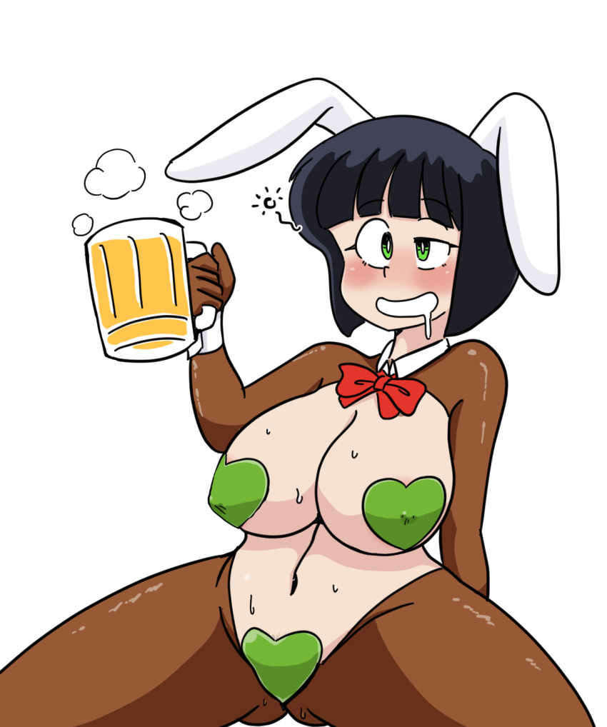 beer bunny_ears cleavage drooling drunk female kyomachi_seika large_breasts pasties reverse_bunnysuit solo sugar_(pixiv8897706) voiceroid