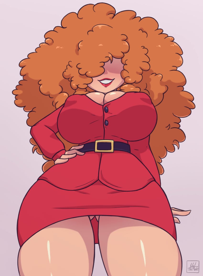 1girls afro ass_visible_through_thighs belt big_breasts big_hair breasts cleavage dress eyes_obscured female female_only hair hair_over_eye hand_on_hip hips huge_breasts lips lipstick looking_at_viewer mature mature_female mature_woman nipple_bulge office_lady orange_hair powerpuff_girls red_dress red_lips red_lipstick sara_bellum solo solo_female thick_thighs thighs tight_dress welthemente