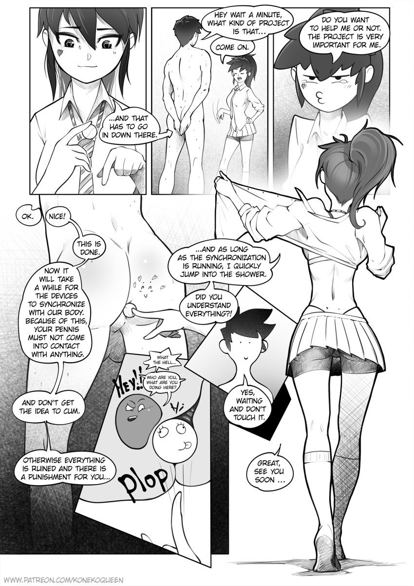 aiko black_and_white cfnm chastity_cage cumming doujinshi femdom koneko_queen prostate_stimulation teasing