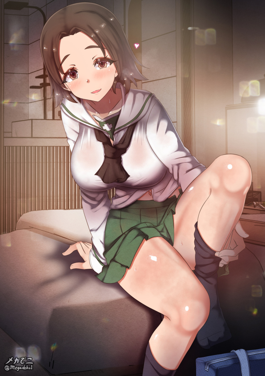 1girls aquaegg blush breasts brown_eyes brown_hair female girls_und_panzer indoors large_breasts looking_at_viewer navel ooarai_school_uniform open_mouth sawa_azusa school_uniform short_hair sitting skirt smile solo