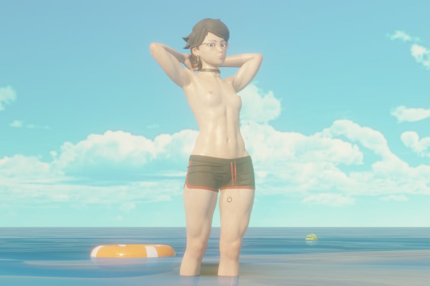 3d 3d_(artwork) armpits arms_behind_head arms_up beach black_hair black_shorts blue_sky boruto:_two_blue_vortex breasts female glasses looking_at_viewer megane naruto naruto_(series) sarada_uchiha shiny_skin short_hair shorts small_breasts tomboy valenok watermelon wet_skin