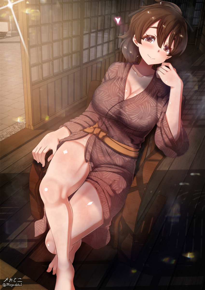 aquaegg blush breasts brown_eyes brown_hair cleavage closed_mouth female girls_und_panzer hair_ribbon kimono koyama_yuzu large_breasts looking_at_viewer no_panties smile solo