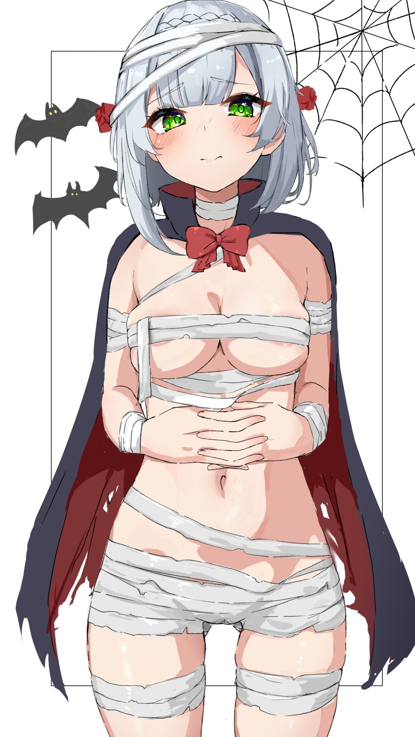 areola_slip blush bowtie cameltoe cloak cobwebs cowboy_shot embarrassed genshin_impact halloween halloween_costume large_breasts mummy_costume mummy_wrappings noelle_(genshin_impact) vampire_costume