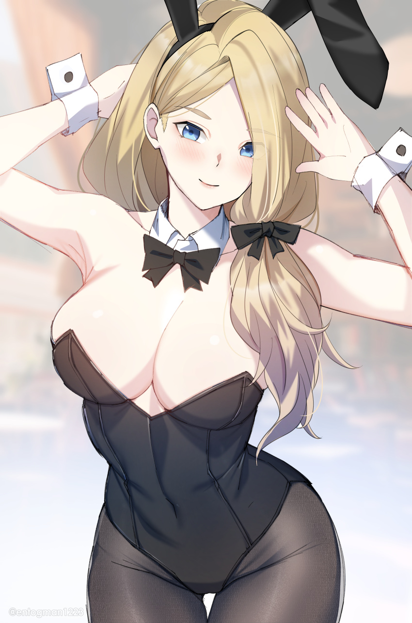 1girls absurdres alternate_costume animal_ears black_bow black_bowtie black_bunnysuit black_leotard black_ribbon blonde_hair blue_eyes bow bowtie breasts bunny_ears bunny_girl bunnysuit cleavage collar entogman fake_animal_ears female female_only fire_emblem fire_emblem:_three_houses hair_over_shoulder hairbow highres large_breasts leotard light-skinned_female light_skin long_hair looking_at_viewer low_ponytail mercedes_von_martritz nintendo pantyhose playboy_bunny rabbit_ears ribbon side_ponytail smile solo strapless strapless_leotard wrist_cuffs