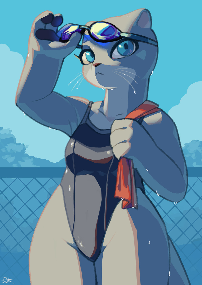 1girls breasts cyan_eyes eyelashes female female_only fence furry furry_only grey_body kemokin_mania ms._ota_(kemokin_mania) otter pawpads signature small_breasts swimming_goggles swimsuit tail towel wet wet_body wet_towel whiskers