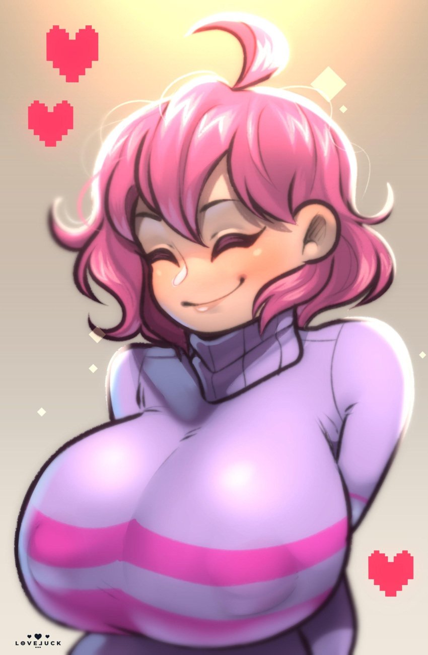 5hitzzzu big_breasts boombita cute eyes_closed female frisk funcu funculicious happy heart meatcuteshii pink_hair pinkbobatoo skiddioop smile solo_female solo_focus stereodaddy striped_sweater undertale undertale_(series) wholesome