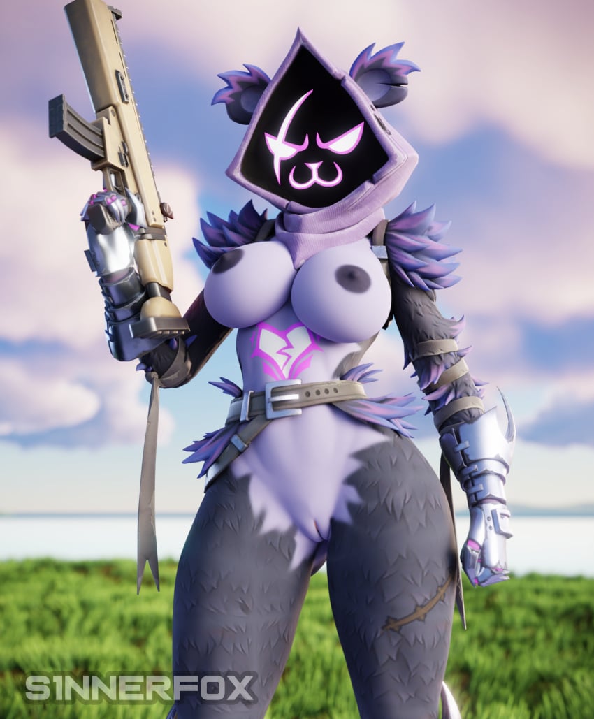 3d 3d_(artwork) angry anthro bear breasts digital_media_(artwork) epic_games female fortnite genitals gun half-closed_eyes hi_res looking_at_viewer mammal narrowed_eyes nude pussy ranged_weapon raven_team_leader raven_team_leader_(fortnite) s1nnerfox solo weapon