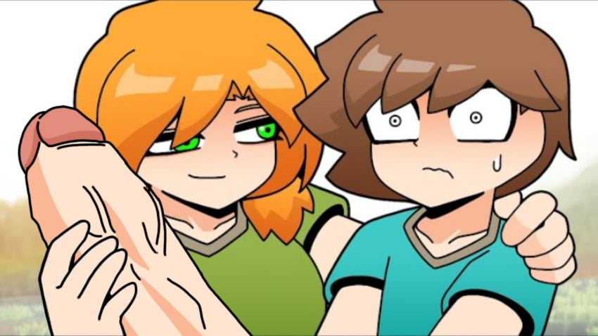 1boy 1girls alex_(minecraft) blue_shirt brown_hair clothed clothing drawn edit embarrassed green_eyes green_shirt grin handjob huge_cock huge_penis long_hair looking_at_another minecraft orange_hair penis shirt short_hair silpaeja smug steve_(minecraft) sweat