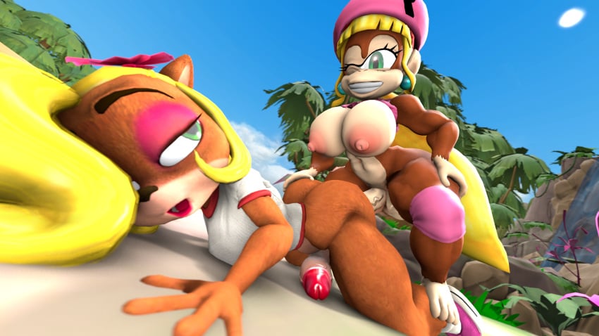 2futas 3d 3d_(artwork) coco_bandicoot crash_(series) dixie_kong donkey_kong_(series) furry furry_only futa_on_futa futanari nackey penetration penis