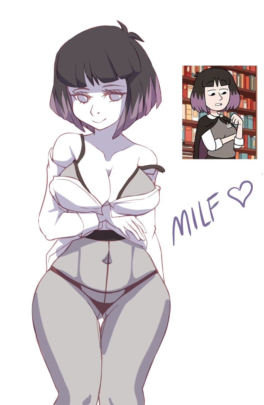 1girls absurdres bangs black_eyes black_hair blush bow bow_panties bra breasts cjhomics covered_nipples eyelashes female highres hilda_(series) kaisa_(hilda) nail_polish off_shoulder open_clothes open_shirt panties pantyhose partially_visible_vulva purple_hair purple_nails short_hair smile solo thigh_gap thighband_pantyhose transparent_clothing two_tone_hair underwear white_background wide_hips