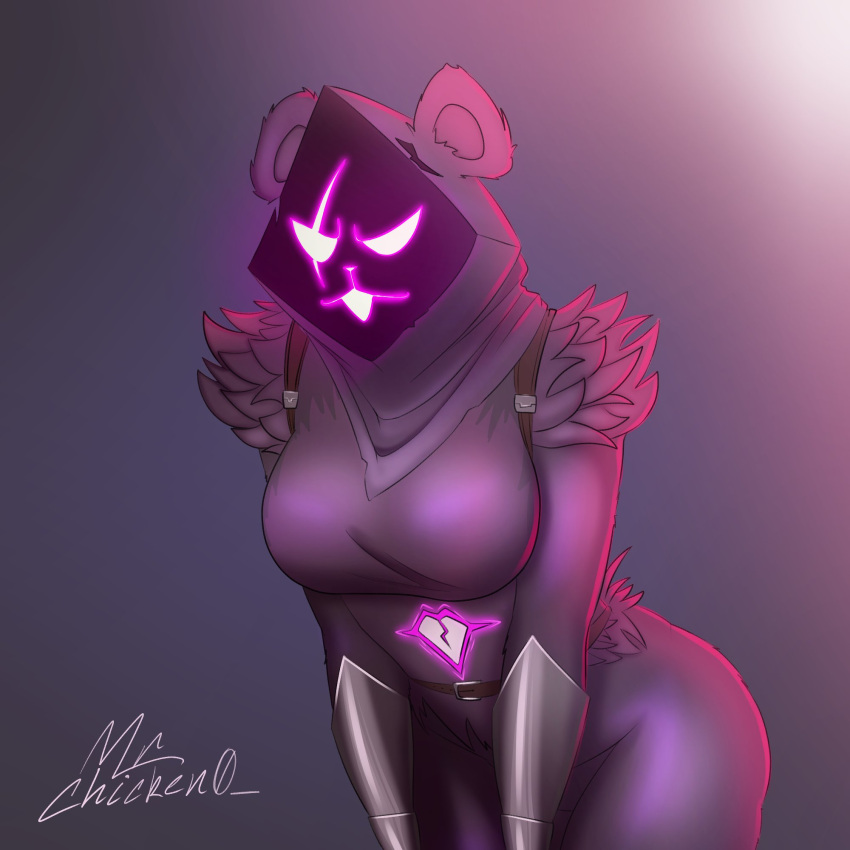 ass big_breasts clothed clothing fortnite fully_clothed fully_clothed_female furry furry_only glowing_eyes glowing_mouth hood hood_up looking_at_viewer raven_team_leader raven_team_leader_(fortnite) scar_across_eye