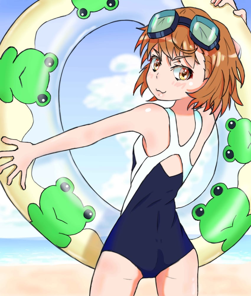 1girls 2020s 2021 :3 absurd_res ass bare_shoulders bare_thighs beach blush breasts brown_eyes brown_hair chibihei competition_swimsuit day female flat_chest from_behind gekota goggles goggles_on_head hi_res innertube looking_at_viewer looking_back matching_hair/eyes misaka_mikoto ocean one-piece_swimsuit outdoors sand school_swimsuit short_hair sky small_breasts smile solo standing swimsuit teenage_girl teenager thighs to_aru_kagaku_no_railgun to_aru_majutsu_no_index tokiwadai_school_swimsuit water young