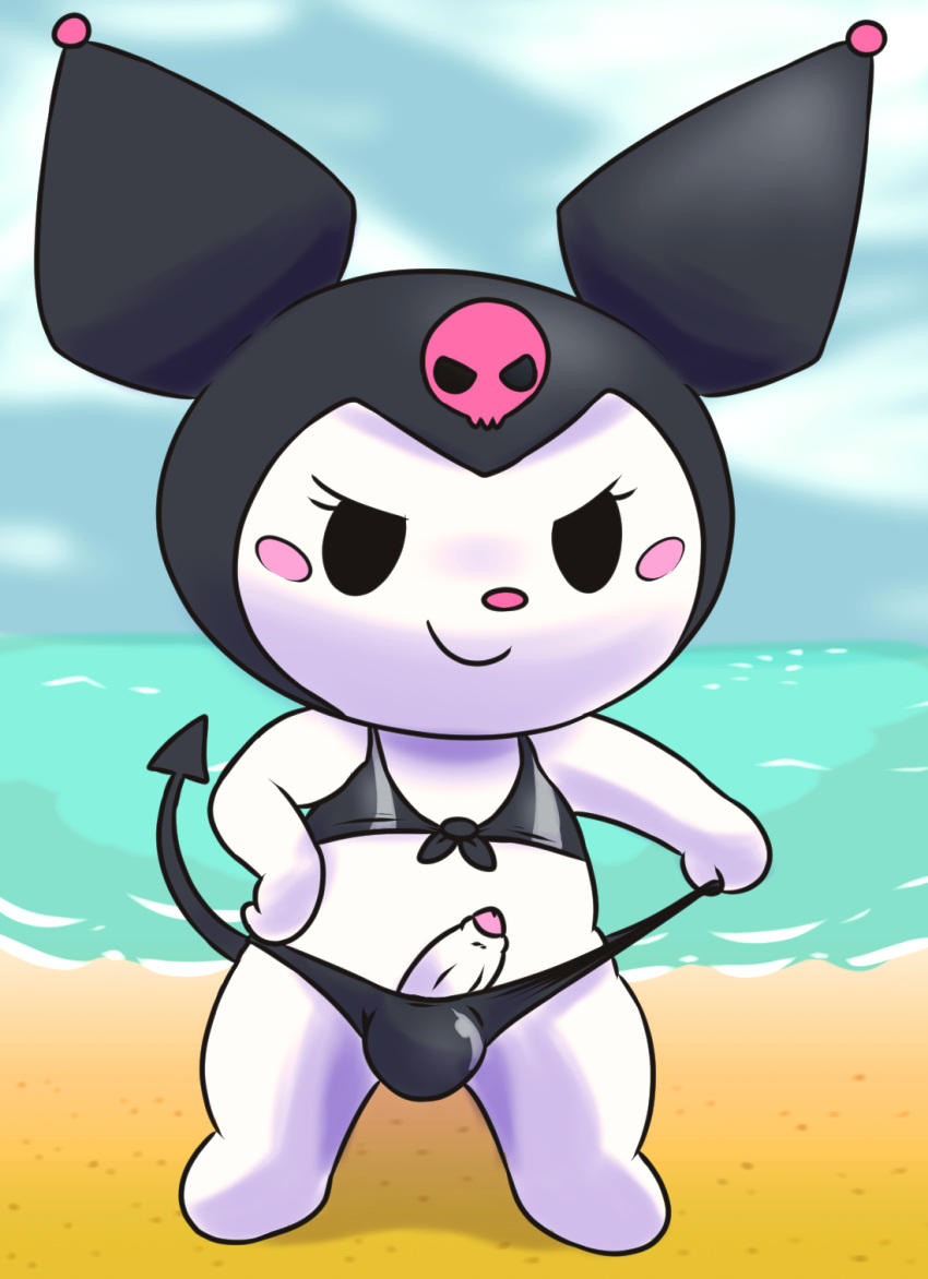 anthro beach bikini black_bikini black_clothing black_swimwear blush bulge clothing clothing_pull flat_chest fur genderswap_(ftm) genitals hi_res humanoid_genitalia humanoid_penis kuromi lagomorph leporid male mammal mincheeto onegai_my_melody penis poking_out rabbit rule_63 sanrio sea seaside semi-anthro solo solo_male swimwear swimwear_pull water white_body white_fur