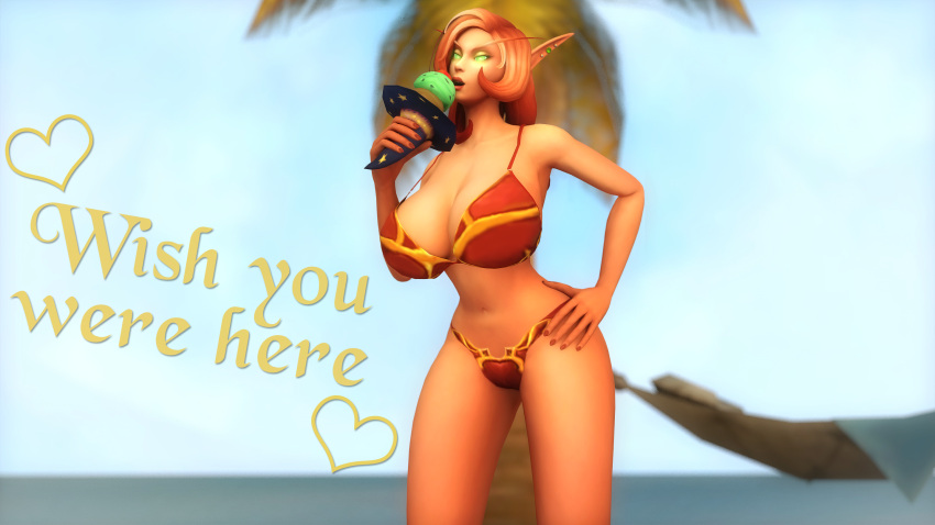 3d big_breasts blood_elf blood_elf_female ice_cream kaelatheelf kaelscorner large_breasts message swimsuit warcraft world_of_warcraft