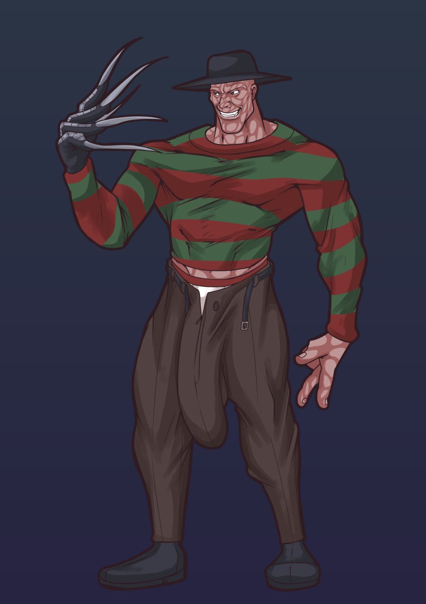 1boy 2022 a_nightmare_on_elm_street bara barazoku big_bulge bulge clothing erection_under_clothes freddy_krueger gay hi_res highres huge_bulge male male_focus male_only manly mirovbent muscular_male penis penis_outline solo solo_male