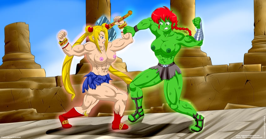 2girls abs big_breasts bishoujo_senshi_sailor_moon blonde_hair blue_eyes boots breasts catfight clothing crossover female female_only fight green-skinned_female green_eyes green_skin hammer huge_ass huge_breasts hulked_out large_breasts lips locofuria medium_breasts midriff miniskirt multiple_girls muscles muscular muscular_female nipples ranma-chan ranma_1/2 ranma_saotome red_hair sailor_moon sandles skirt thick_thighs topless torn_clothes usagi_tsukino