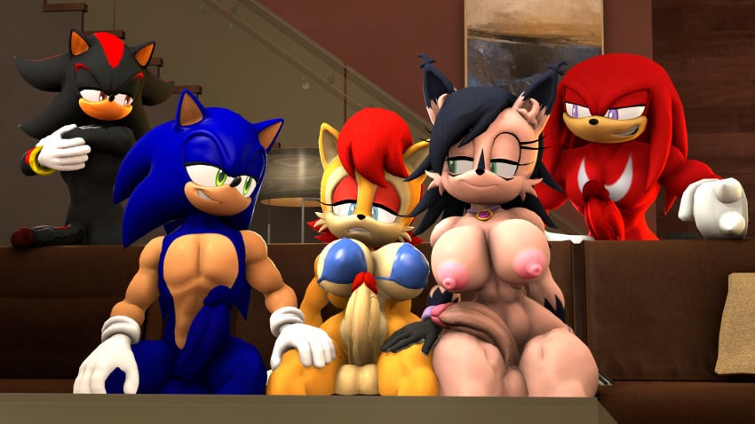 2futas 3boys 3d 3d_(artwork) anthro bra breasts erection futanari grabbing_own_chest hand_on_another's_thigh imminent_sex knuckles_the_echidna large_breasts large_penis muscular_male nackey naked nicole_the_lynx penis red_hair sally_acorn shadow_the_hedgehog sonic_(series) sonic_the_hedgehog tagme