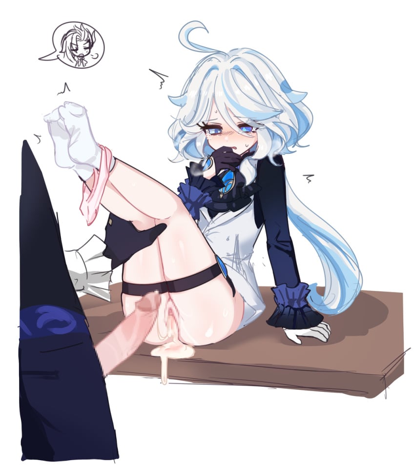 1boy 1girls after_sex after_vaginal blue_eyes blush bottomless censored cum cum_in_pussy cum_inside desk dripping_cum excessive_cum female_focus furina_(genshin_impact) garter_straps genshin_impact gloves heterochromia hiji_(hijichan) leaking_cum legs_up long_hair neuvillette_(genshin_impact) pale-skinned_female pale_skin panties panties_around_ankles partially_clothed penis pink_panties size_difference socks speech_bubble straight white_and_blue_hair white_hair