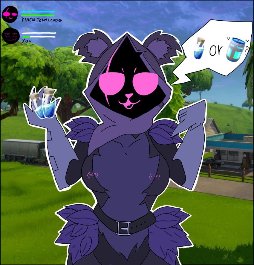 breasts chug_jug fortnite fortnite:_battle_royale furry pink_eyes pink_face purple_fur raven_team_leader raven_team_leader_(fortnite) shield_(fortnite)