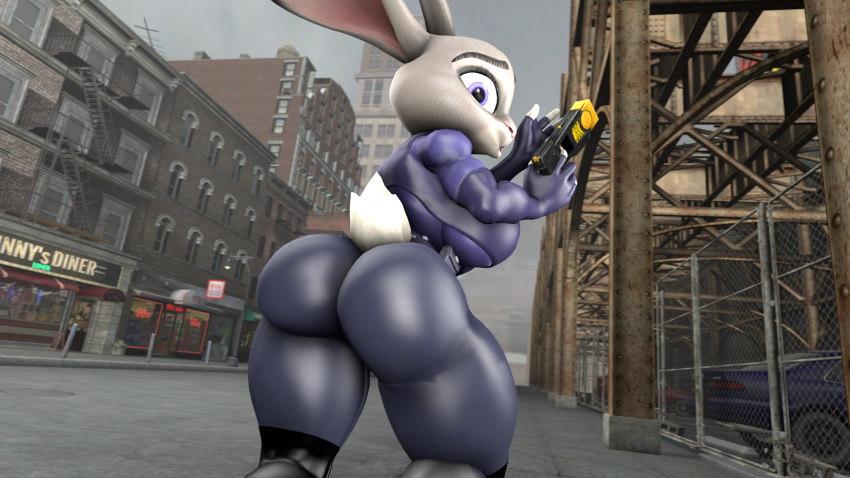 16:9 1girls 3d 3d_(artwork) 4_fingers ass ass_focus bodysuit breasts car clothed clothing diner electroshock_weapon english_text eyes female female_focus female_only furry judy_hopps nackey open_eyes outdoors police police_uniform policewoman rabbit rabbit_ears rabbit_humanoid solo standing tail taser text tight_clothing united_states_of_america zootopia