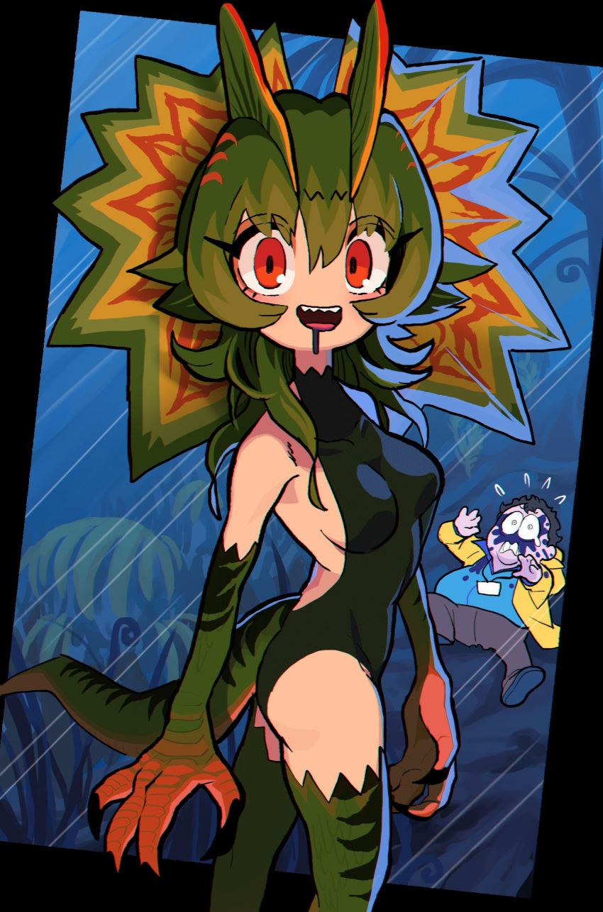 1girls 2023 dilophosaurus dinosaur dinosaur_girl female gashi-gashi gijinka green_hair jurassic_park leotard red_eyes sharp_teeth tagme