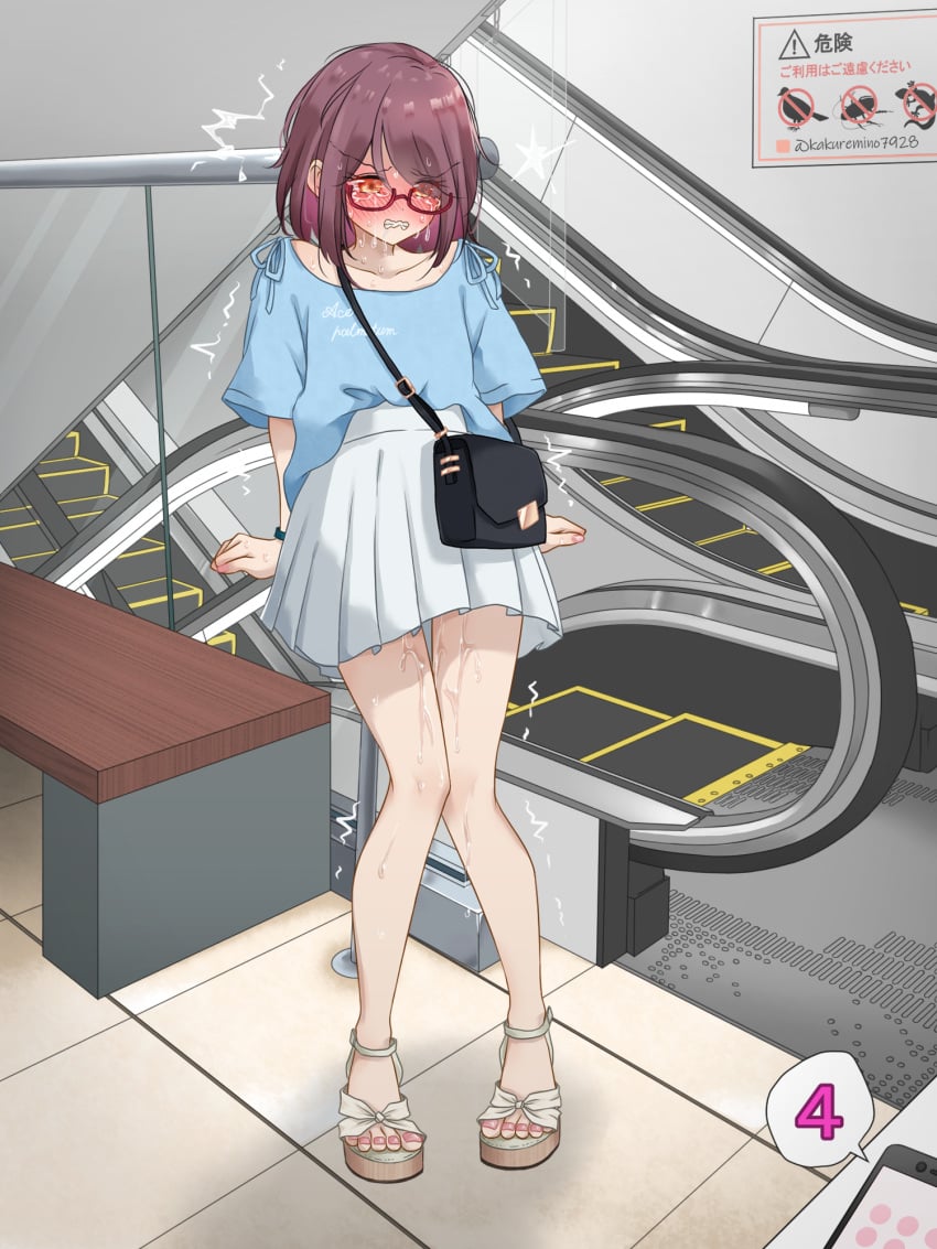 arms_at_sides artist_name bag bench blue_shirt blush bracelet cellphone clenched_hands clenched_teeth clothes_writing collarbone commentary_request crying drooling embarrassed escalator female flat_chest full_body glasses half-closed_eyes handbag highres indoors jewelry kakuremino7928 knees_together_feet_apart legs miniskirt nail_polish nose_blush orange_eyes original phone pink_nails pleated_skirt public public_indecency purple_hair pussy_juice red-framed_eyewear remote_control_vibrator saliva sandals semi-rimless_eyewear sex_toy shirt shirt_tucked_in short_hair short_sleeves shoulder_bag sidelocks sign signature skirt smartphone solo speech_bubble stairs standing star_(symbol) sweat tears teeth thigh_gap thighs tile_floor tiles toenail_polish toenails translation_request trembling twitter_username v-shaped_eyebrows vibrator vibrator_under_clothes white_footwear white_skirt