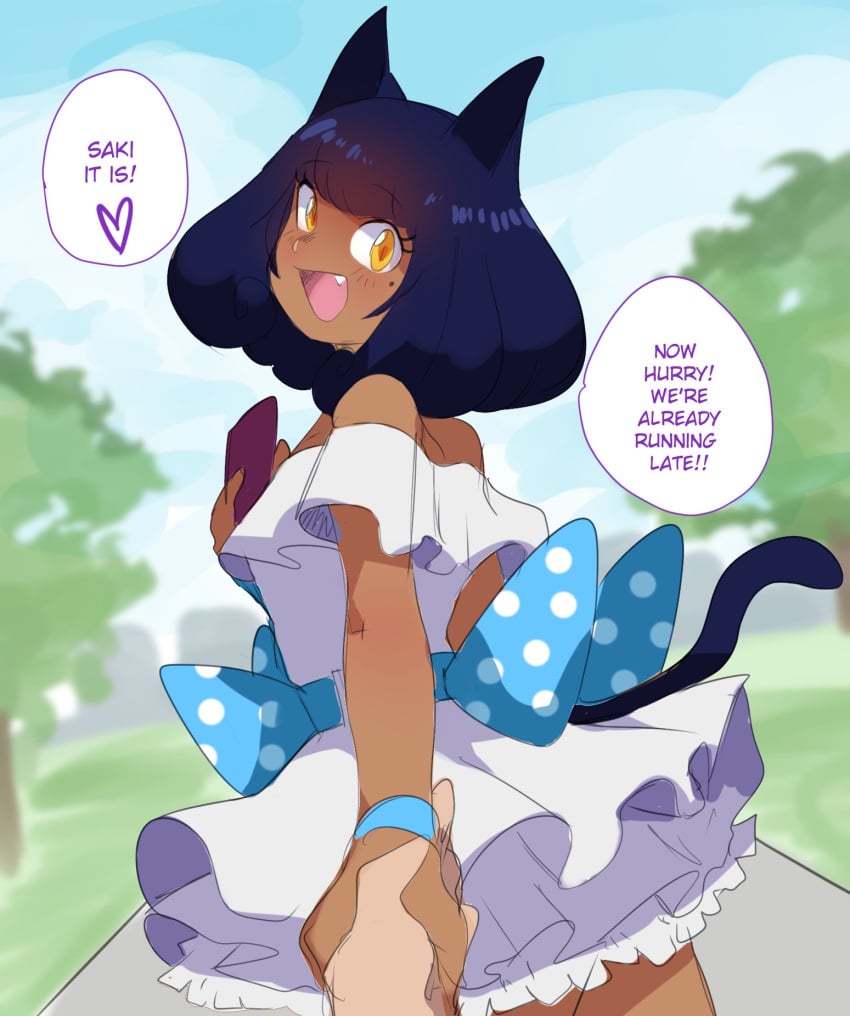 2boys adorable amber_eyes bangs blush cat_ears catboy choker cute cute_fang dark-skinned_femboy dark-skinned_male dark_hair dark_skin date dialogue dress femboy gay girly grass handholding happy heart_text jpeg lightsource looking_at_partner looking_at_viewer male_only males_only mole murasaki_(lightsource) original phone ribbon sidewalk sky smile tail tan_skin text text_bubble trees wholesome wristband yaoi