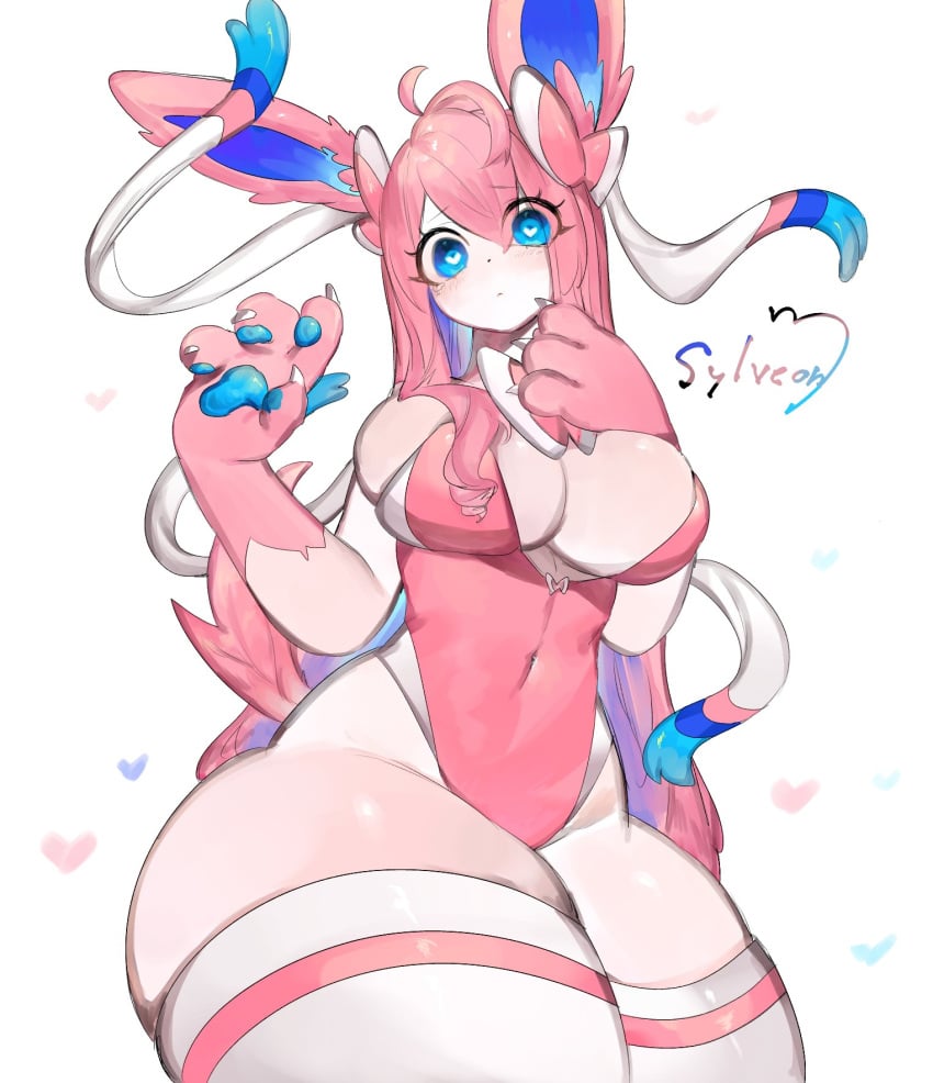 adorable anthro big_breasts big_legs blue_eyes breasts bunnysuit clothed clothing cute cute_face eeveelution female female_only generation_6_pokemon hair hi_res legs long_hair looking_at_viewer nintendo pink_body pink_hair pokémon_(species) pokemon pokemon_(species) simple_background solo solo_female sylveon toge77789 togetoge