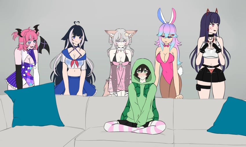 1boy 5girls akuma_nihmune annytf big_breasts bunnysuit camila_(vtuber) costume cottontail_(vtuber) cottontailva_(character) couch detached_sleeves elbow_gloves femboy harem heart_eyes humor imminent_sex indie_virtual_youtuber kemonomimi large_breasts leota light-skinned_female long_hair mature_female meme onidere pale-skinned_female piper_perri_surrounded piper_perri_surrounded_(meme) programmer_socks shylily skirt striped_thighhighs succubus succubus_wings tagme thighhighs vedal987 very_long_hair virtual_youtuber vtuber vtuber_persona vtubers white_background