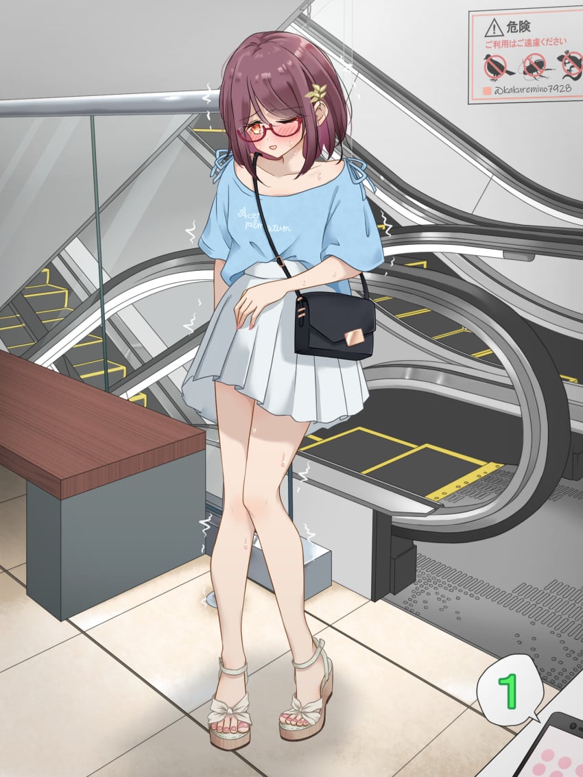 arm_at_side artist_name bag bench blue_shirt blush cellphone clothes_writing collarbone commentary_request embarrassed escalator female flat_chest full_body glasses handbag heel_up highres indoors kakuremino7928 knees_together_feet_apart legs looking_to_the_side miniskirt nail_polish one_eye_closed open_mouth orange_eyes original phone pink_nails pleated_skirt public_indecency purple_hair raised_eyebrows red-framed_eyewear remote_control_vibrator sandals semi-rimless_eyewear sex_toy shirt shirt_tucked_in short_hair short_sleeves shoulder_bag sidelocks sign signature skirt smartphone solo speech_bubble stairs standing sweat thighs tile_floor tiles toenail_polish toenails translation_request trembling twitter_username vibrator vibrator_under_clothes white_footwear white_skirt wince