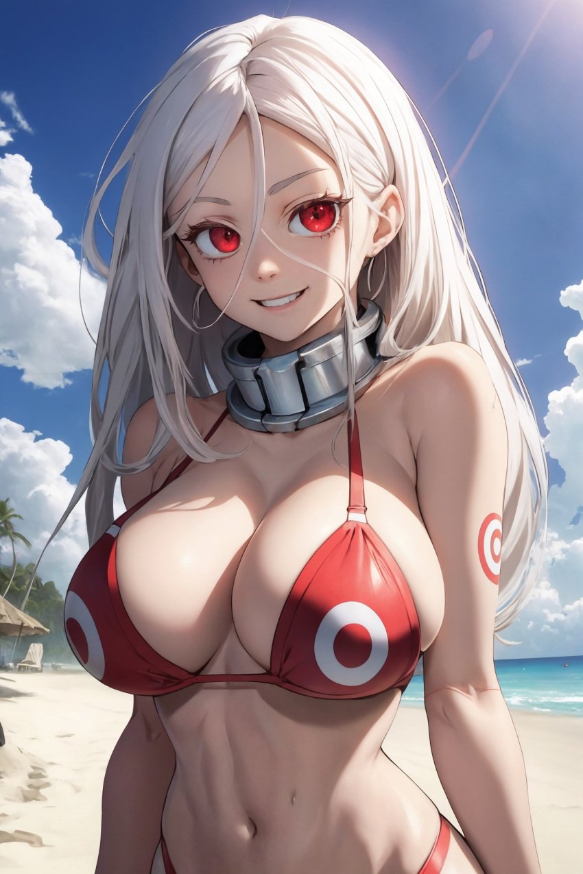 ai_generated beach big_breasts bikini deadman_wonderland red_eyes shiro_(deadman_wonderland) white_hair