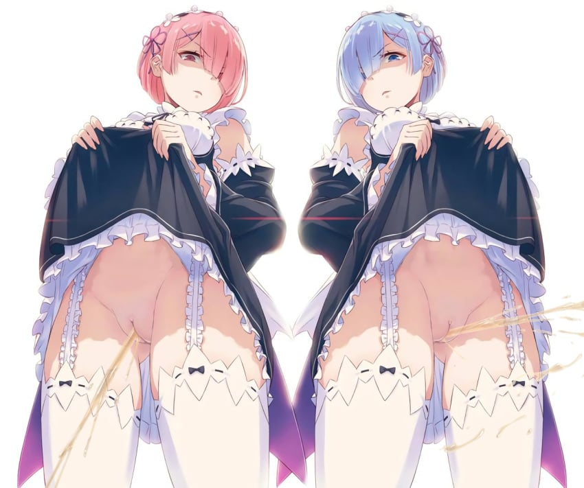 2d 2girls 40hara blue_eyes blue_hair cleft_of_venus clothes_lift dress dress_lift female female_only garter_belt garter_straps glaring innie_pussy lifted_by_self looking_at_viewer looking_down maid maid_headdress matching_hair/eyes multiple_girls no_panties peeing peeing_together pink_eyes pink_hair pussy ram_(re:zero) re:zero_kara_hajimeru_isekai_seikatsu rem_(re:zero) siblings standing third-party_edit twins uncensored white_background x_hair_ornament