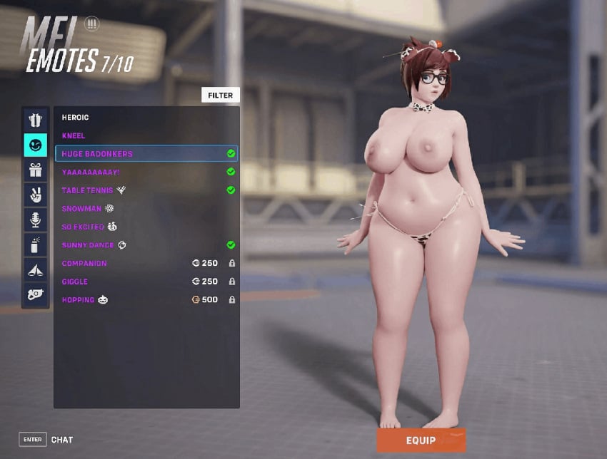 1girls 3d 3d_model animated big_breasts bikini blizzard_entertainment breasts chubby cow_bikini cow_print embarrassed embarrassed_nude_female emote enf eyewear fat feet female fugtrup glasses hip_sway looking_at_viewer mei_(overwatch) nipples overwatch solo toes