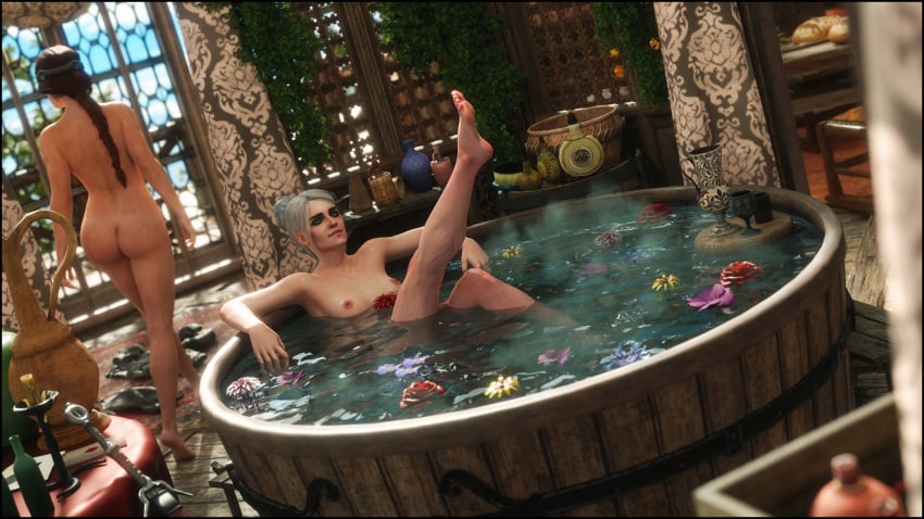 2girls 3d bath breasts cerys_an_craite ciri female female_only light-skinned_female light_skin nude nude_female red_hair the_witcher_(series) the_witcher_3:_wild_hunt tomoganim white_hair