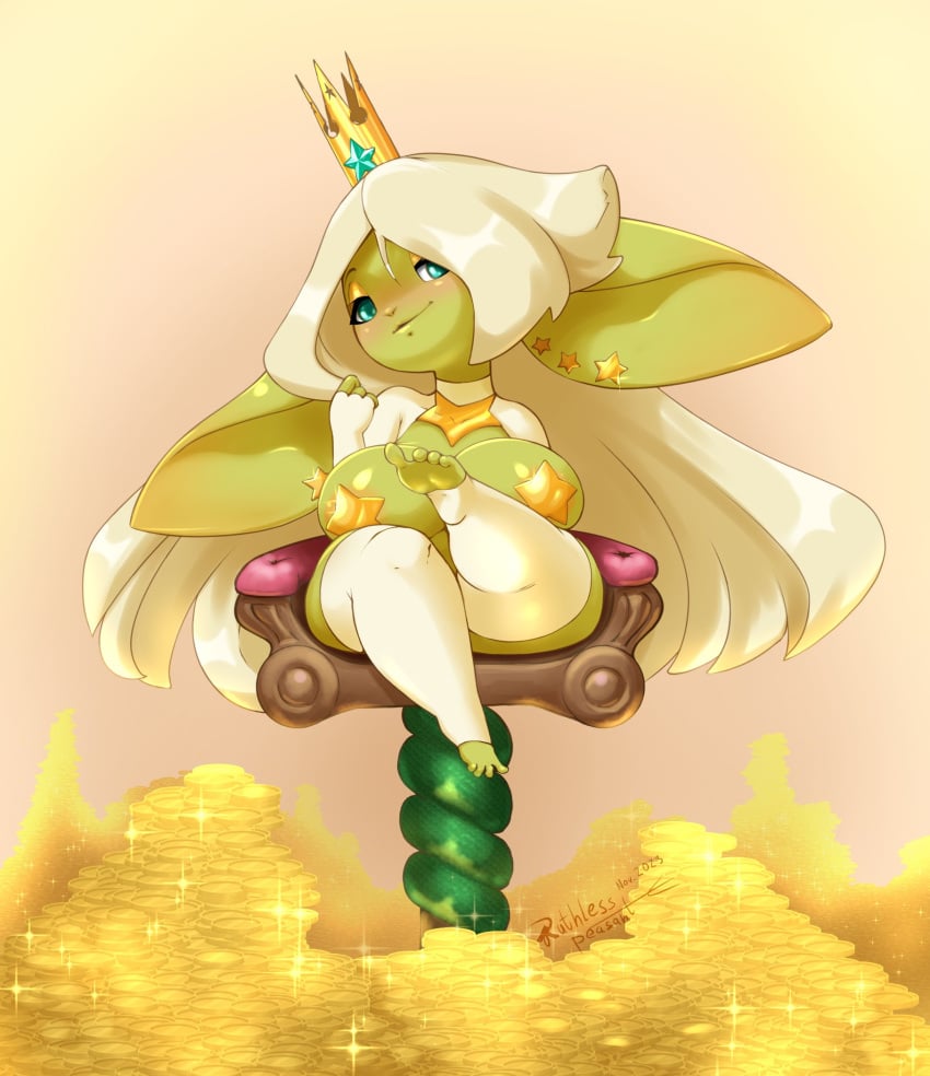 1girls big_breasts big_ears blush coins crossed_legs crown female female_only goblin goblin_female gold gold_coin green_eyes green_skin hi_res legwear long_hair looking_at_viewer nipple_pasties pasties pointy_ears regina_(huffslove) royalty ruthlesspeasant shortstack sitting sitting_on_throne smiling smiling_at_viewer solo star_pasties toeless_legwear white_hair white_legwear