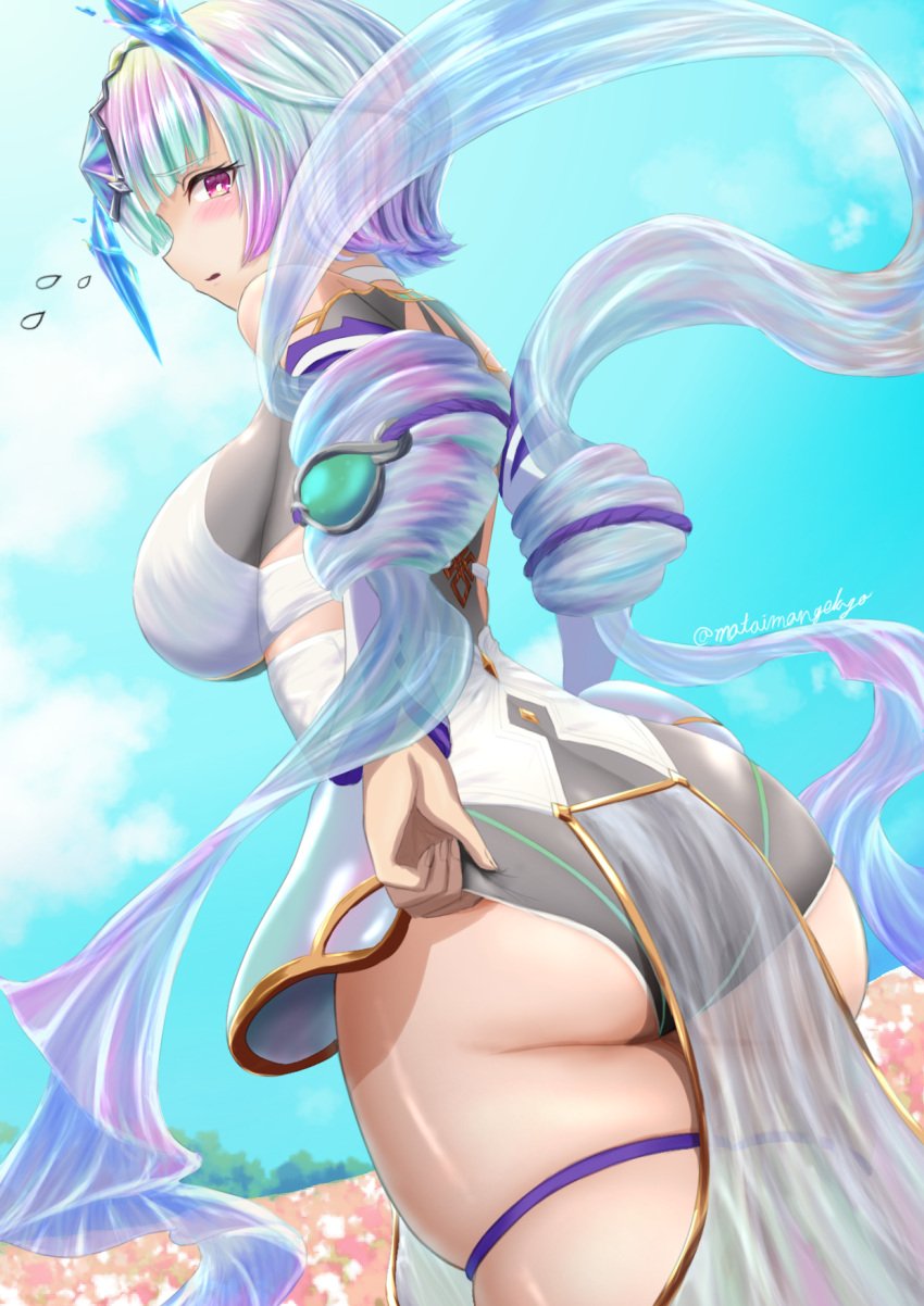 1girls adjusting_clothes aqua_hair ass bare_thighs big_ass blue_hair bodystocking breasts embarrassed female female_only fire_emblem fire_emblem_heroes from_below large_ass large_breasts looking_at_viewer looking_back looking_down matoimangekyo multicolored_hair nintendo open_mouth outdoors pink_eyes pink_hair see-through seidr_(fire_emblem) short_hair skindentation solo thick_thighs thighs veil