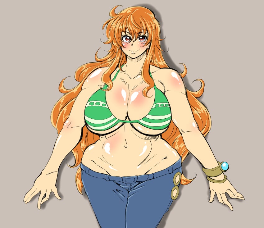 1girls 2016 big_breasts bikini bikini_top breasts child_bearing_hips cleavage clothed clothed_female clothing female female_only hi_res jeans large_breasts log_pose long_hair nami nami_(one_piece) one_piece orange_hair portrait post-timeskip simple_background standing striped_bikini three-quarter_portrait tsunapiko wide_hips