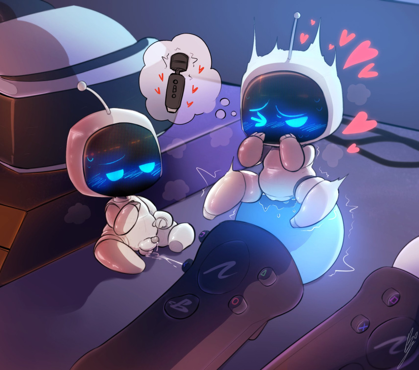 astro_(astro_bot) astro_bot astro_bot_(series) balls bj_(artist) blush bodily_fluids cum digital_media_(artwork) duo electronics erection female game_controller genital_fluids genitals heart hi_res humanoid machine male masturbation not_furry penis pussy robot robot_humanoid sony_corporation sony_interactive_entertainment sweat vibrating