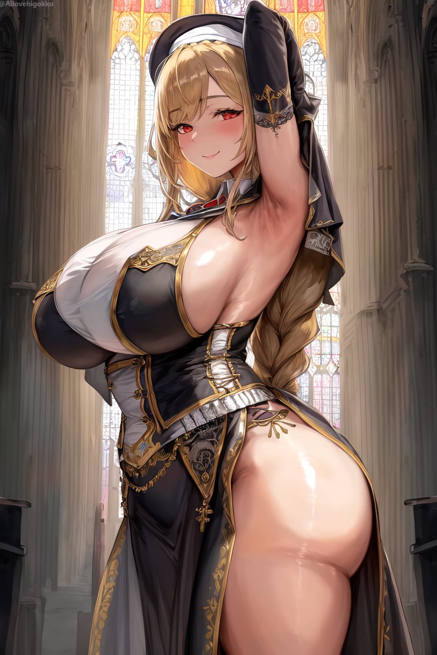 1girls ai_generated ai_love_higokko arm_behind_head arm_up armpit armpit_crease armpit_peek armpits blonde_hair breasts female hi_res hips holaraai huge_breasts light-skinned_female light_skin long_hair massive_breasts nun nun's_habit nun_outfit original original_character presenting_armpit red_eyes thick_thighs thighs wide_hips