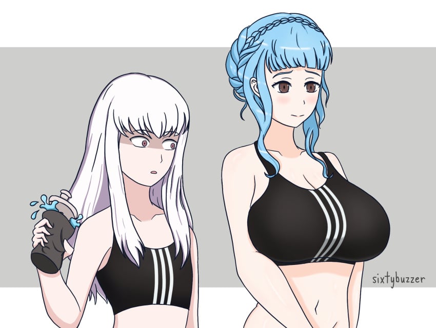 2girls angry blue_hair bra breast_awe breast_envy breasts female female_only fire_emblem fire_emblem:_three_houses flat_chest large_breasts lysithea_von_ordelia marianne_von_edmund medium_support_(meme) meme multiple_girls nintendo sixtybuzzer sports_bra sportswear tight_clothing white_hair